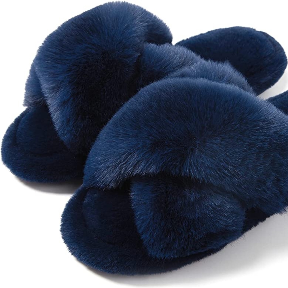 Memory Foam Cross Band Faux Fur Fuzzy Cozy Anti-Skid Slippers